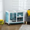 PawHut Indoor Rabbit Hutch with Wheels, Desk and Side Table Sized, Wood Rabbit Cage, Waterproof Small Rabbit Cage, Light Blue