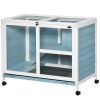 PawHut Indoor Rabbit Hutch with Wheels, Desk and Side Table Sized, Wood Rabbit Cage, Waterproof Small Rabbit Cage, Light Blue